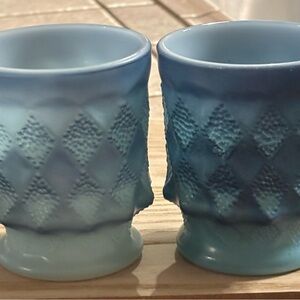 Vintage Anchor Hocking Fire King Kimberly Diamond Blue Milk Glass Mugs set of 2
